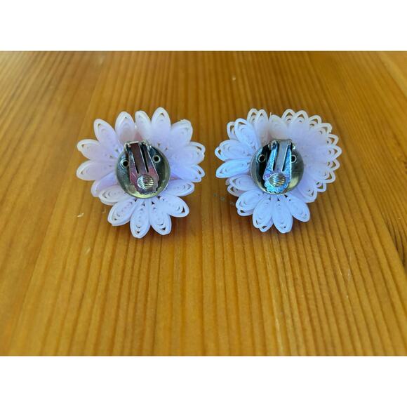 Vintage 1960s Purple Plastic Flower Clip On Earrings 1/75" Rhinestone Center - Picture 3 of 4